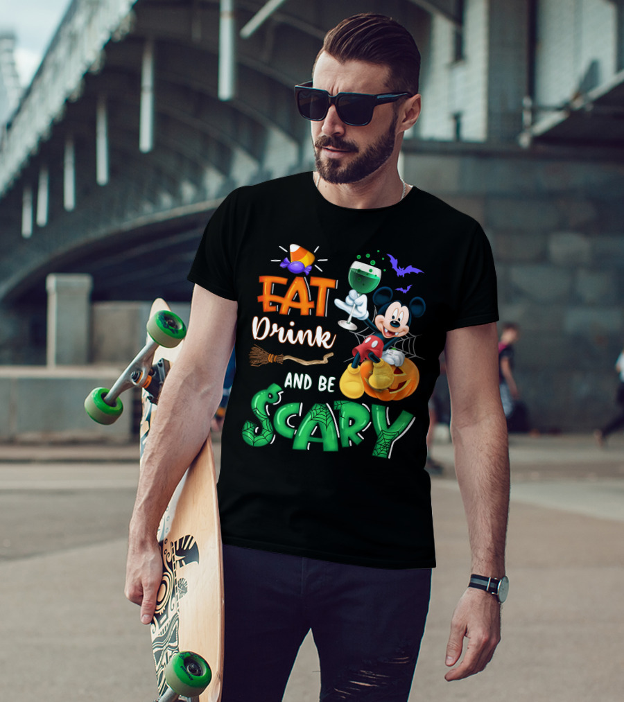 Eat Drink And Be Scary Mickey Halloween Wine Candy Bats Broom Pumpkin T-Shirt