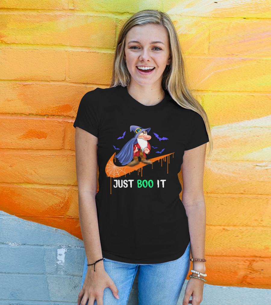 Just Boo It Witch Hat Grumpy With Purple Bats And Orange Swoosh T-Shirt