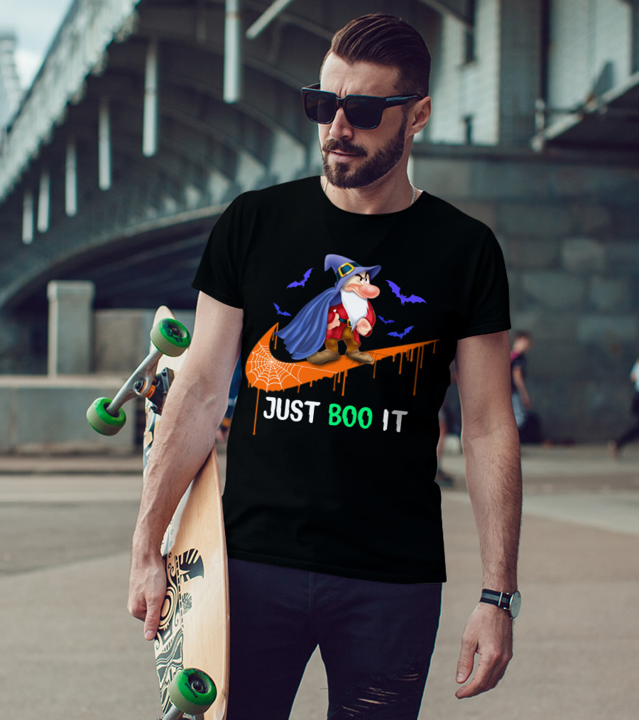 Just Boo It Witch Hat Grumpy With Purple Bats And Orange Swoosh T-Shirt