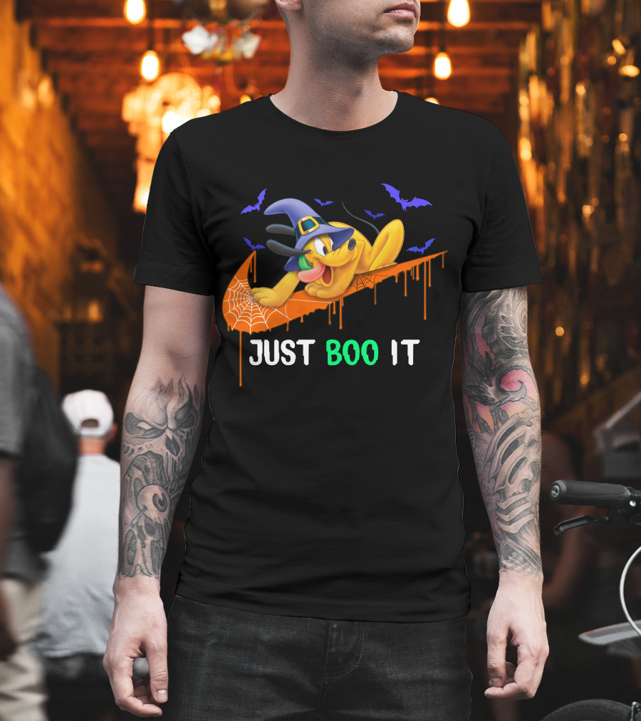 Just Boo It Halloween Pluto Witch Hat Bats Nike Swoosh T-Shirt