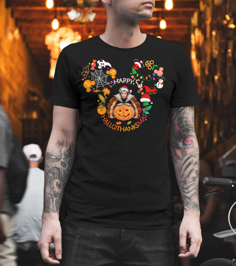 Happy Hallothanksmas Evil Queen Pumpkin Santa Hat T-Shirt