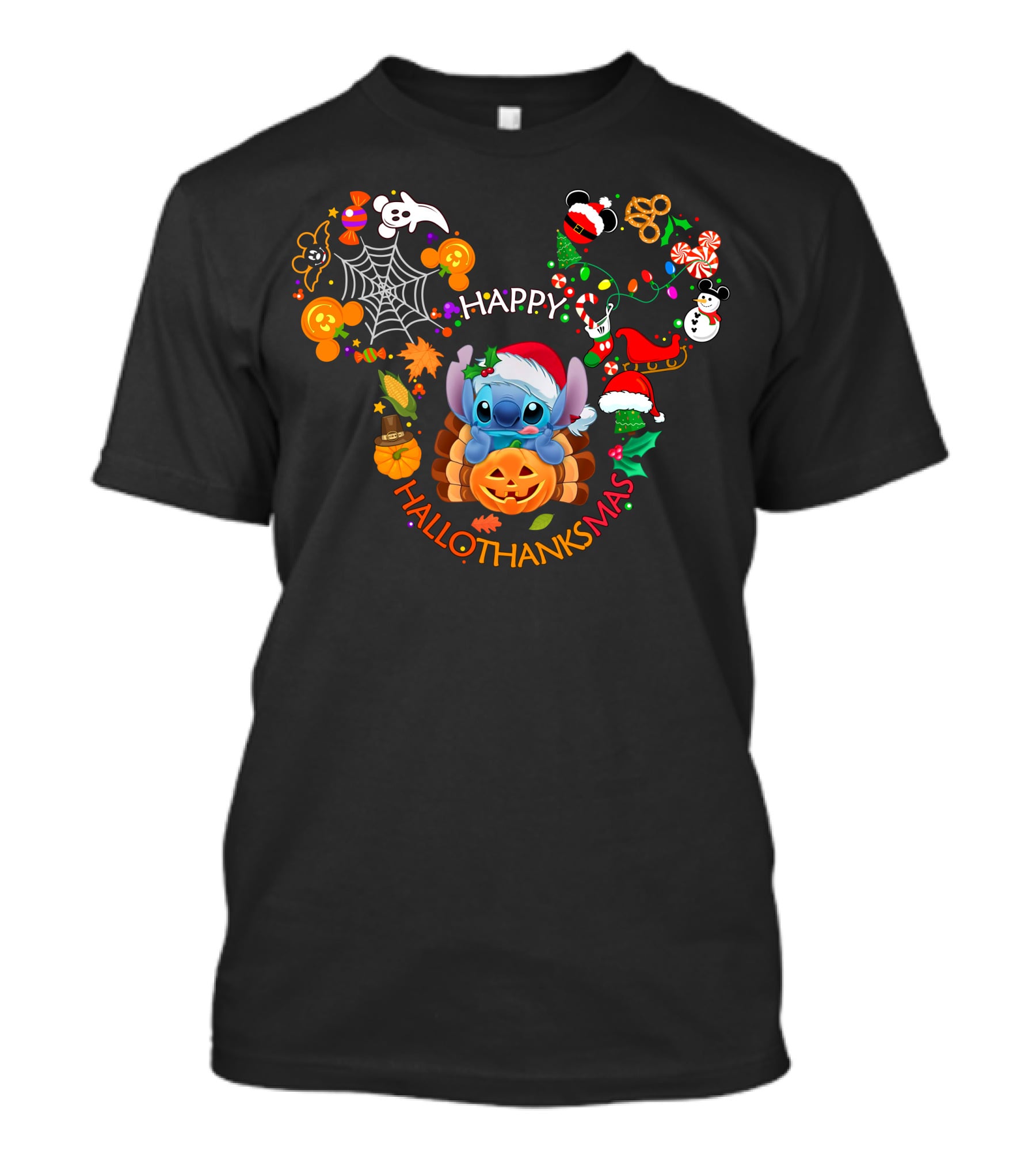 Happy Hallothanksmas Stitch Pumpkin Santa Hat Holiday Character Celebration T-Shirt