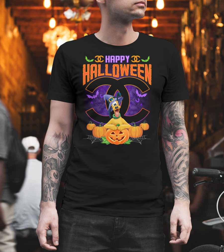 Happy Halloween Pluto Pumpkins Bat Symbols And Spider Webs T-Shirt