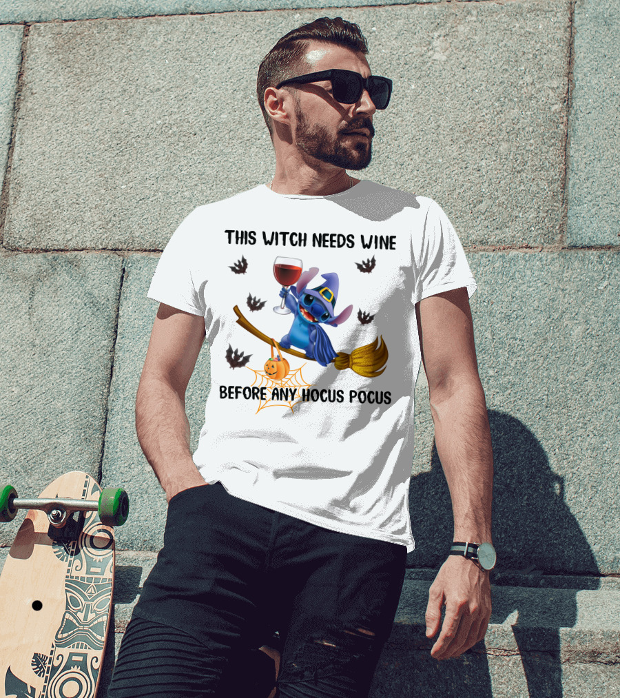 This Witch Needs Wine Before Any Hocus Pocus Stitch Broom Jack O' Lantern Bat T-Shirt