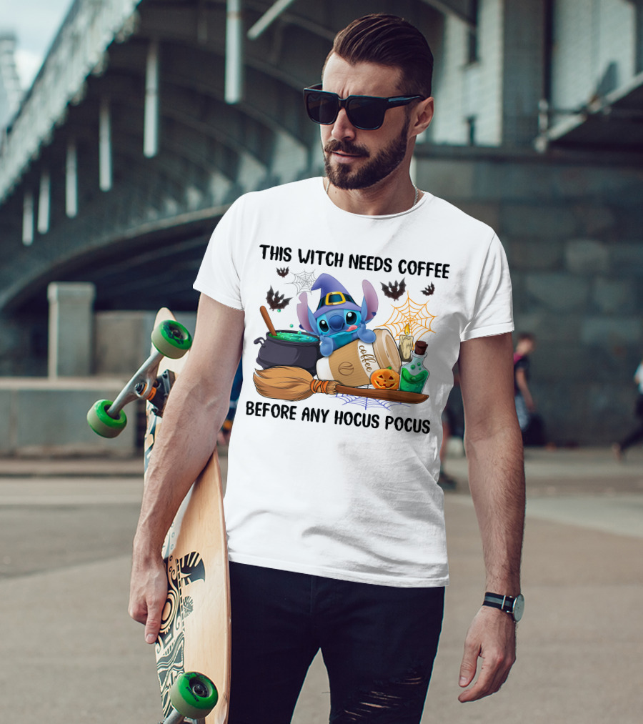 This Witch Needs Coffee Before Any Hocus Pocus Stitch Halloween T-Shirt