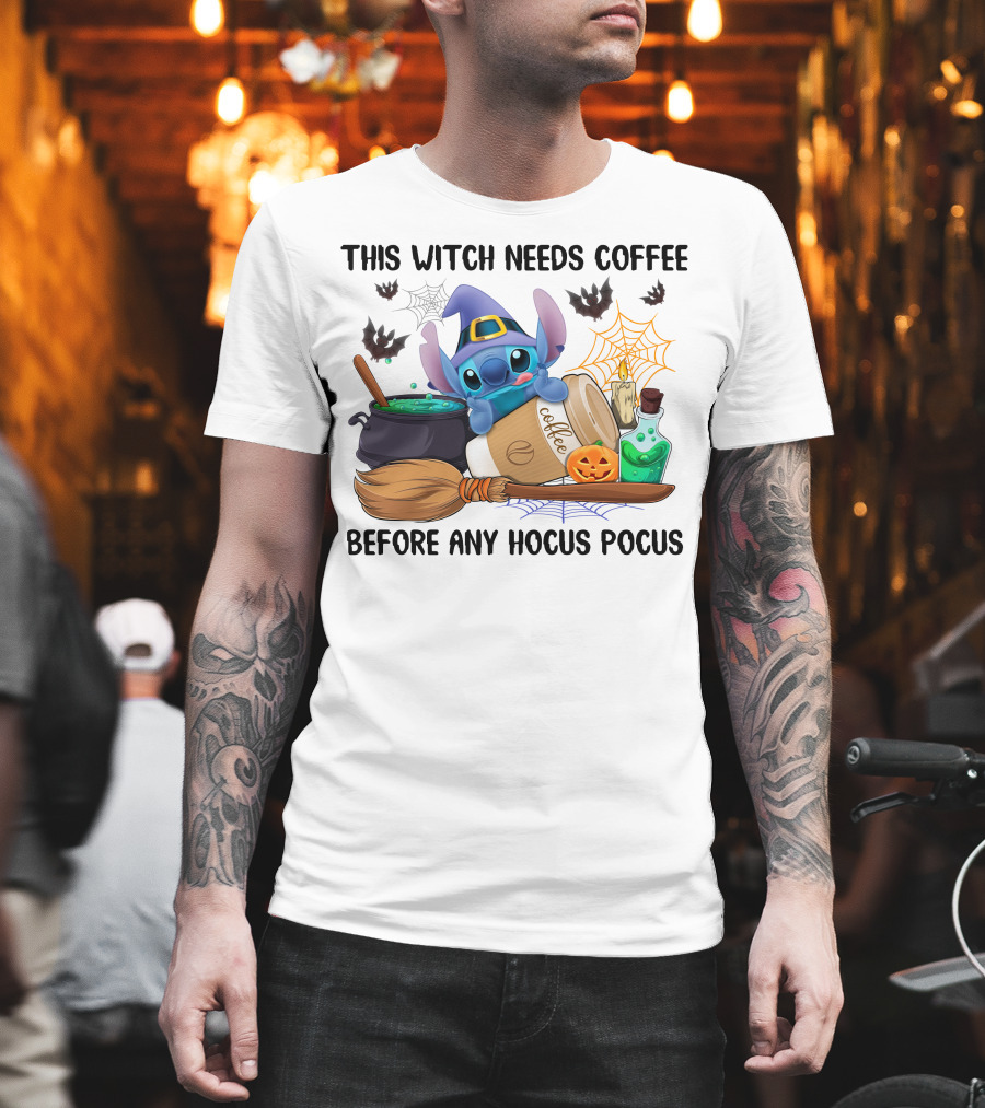 This Witch Needs Coffee Before Any Hocus Pocus Stitch Halloween T-Shirt
