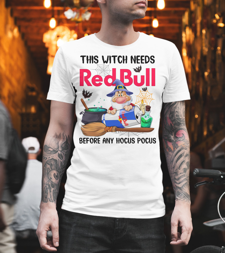 This Witch Needs Red Bull Before Any Hocus Pocus Grumpy Wizard And Bats Scene T-Shirt