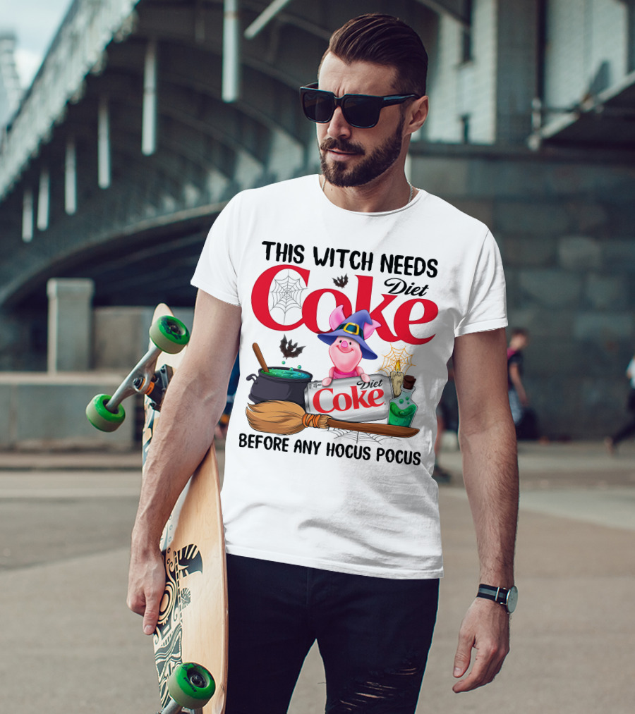 This Witch Needs Diet Coke Before Any Hocus Pocus Piglet Witch Hat Brew Broom_Spiderweb T-Shirt