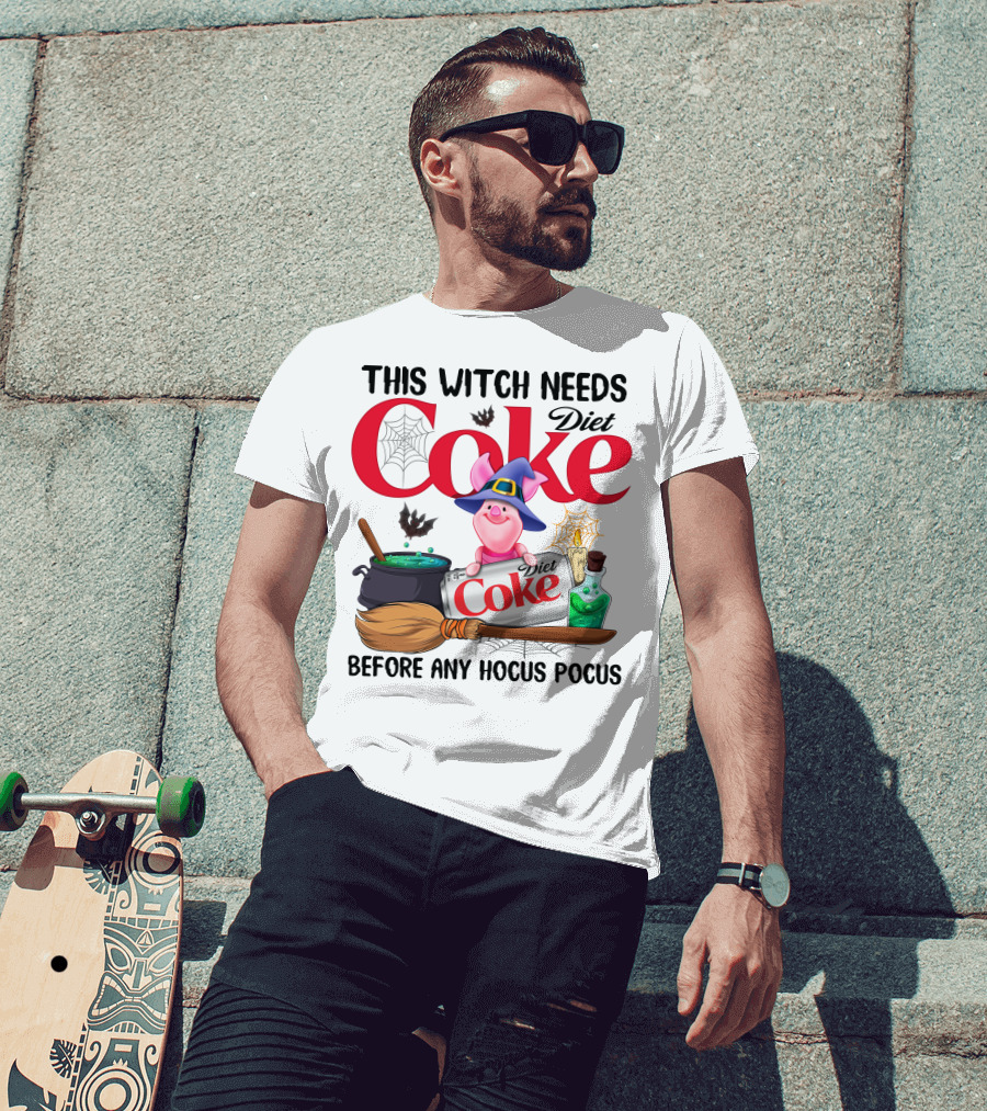 This Witch Needs Diet Coke Before Any Hocus Pocus Piglet Witch Hat Brew Broom_Spiderweb T-Shirt