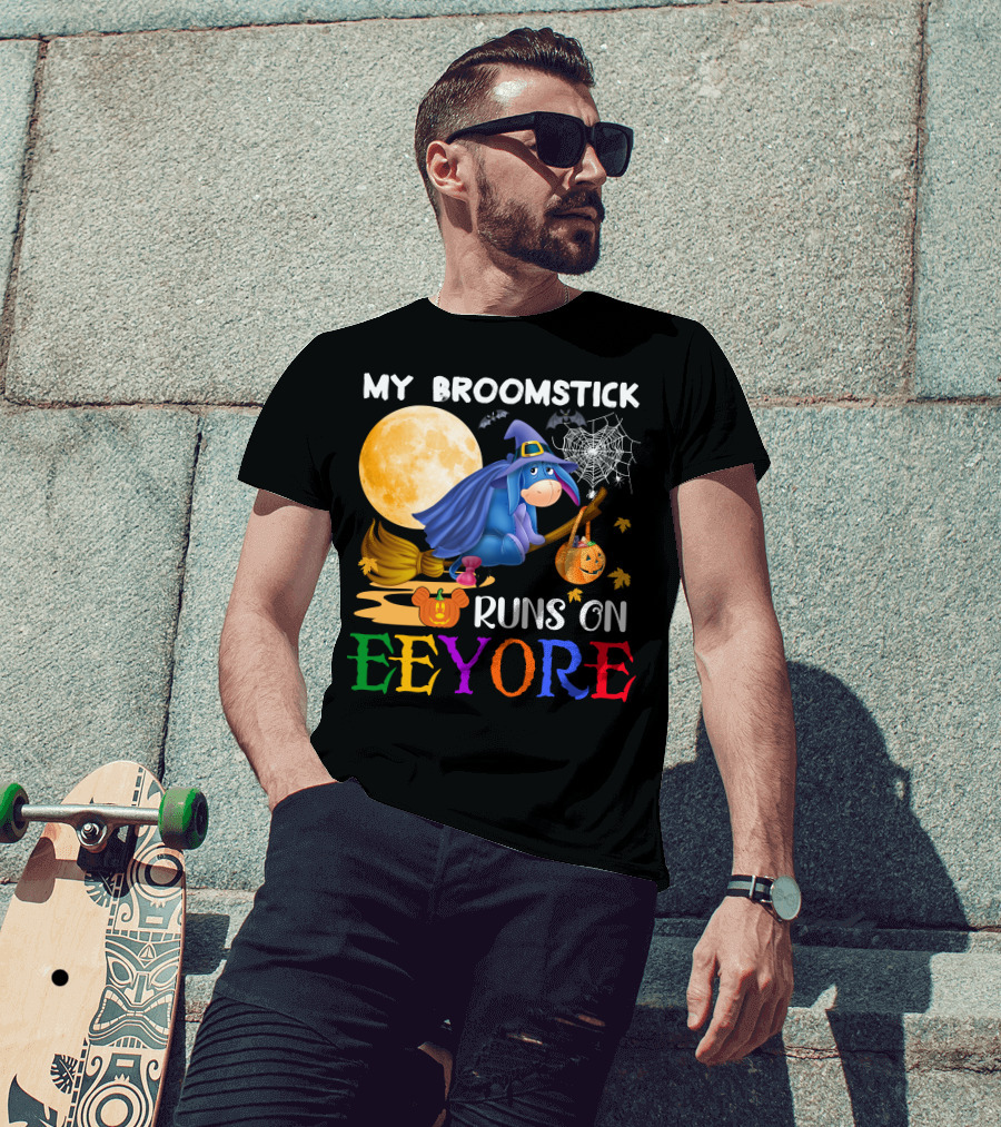 My Broomstick Runs On Eeyore Halloween Moon Bat Pumpkin T-Shirt