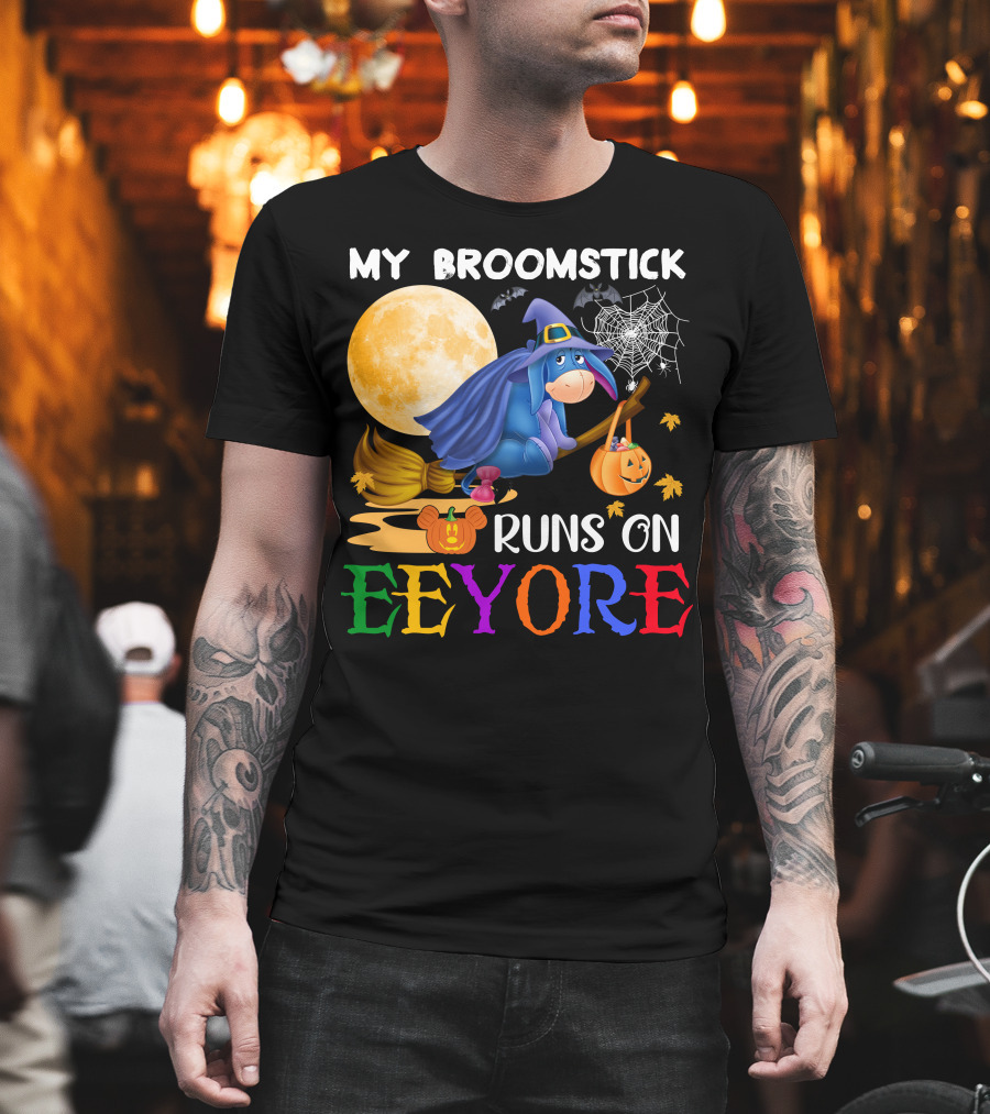 My Broomstick Runs On Eeyore Halloween Moon Bat Pumpkin T-Shirt