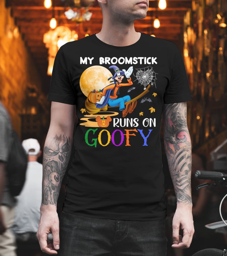 My Broomstick Runs On Goofy Halloween Moon Pumpkin Spiderweb T-Shirt
