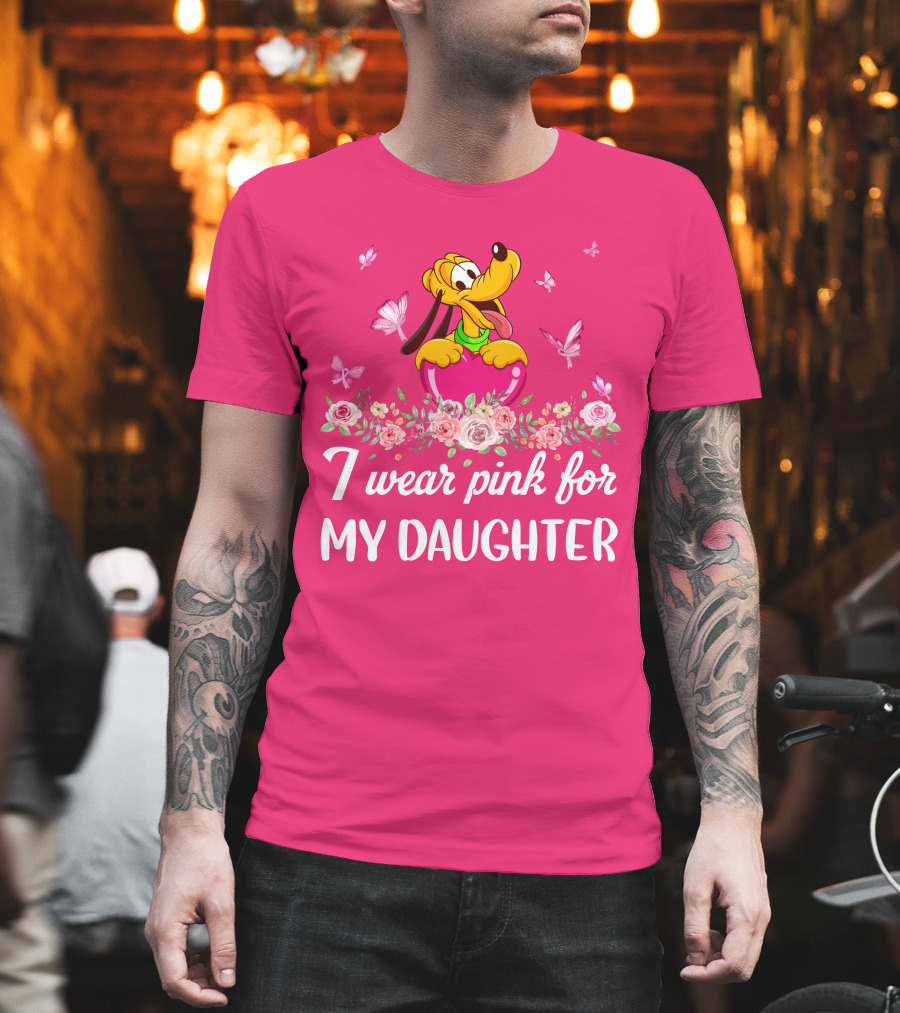 I Wear Pink For My Daughter Pluto Disney Floral Butterflies T-Shirt