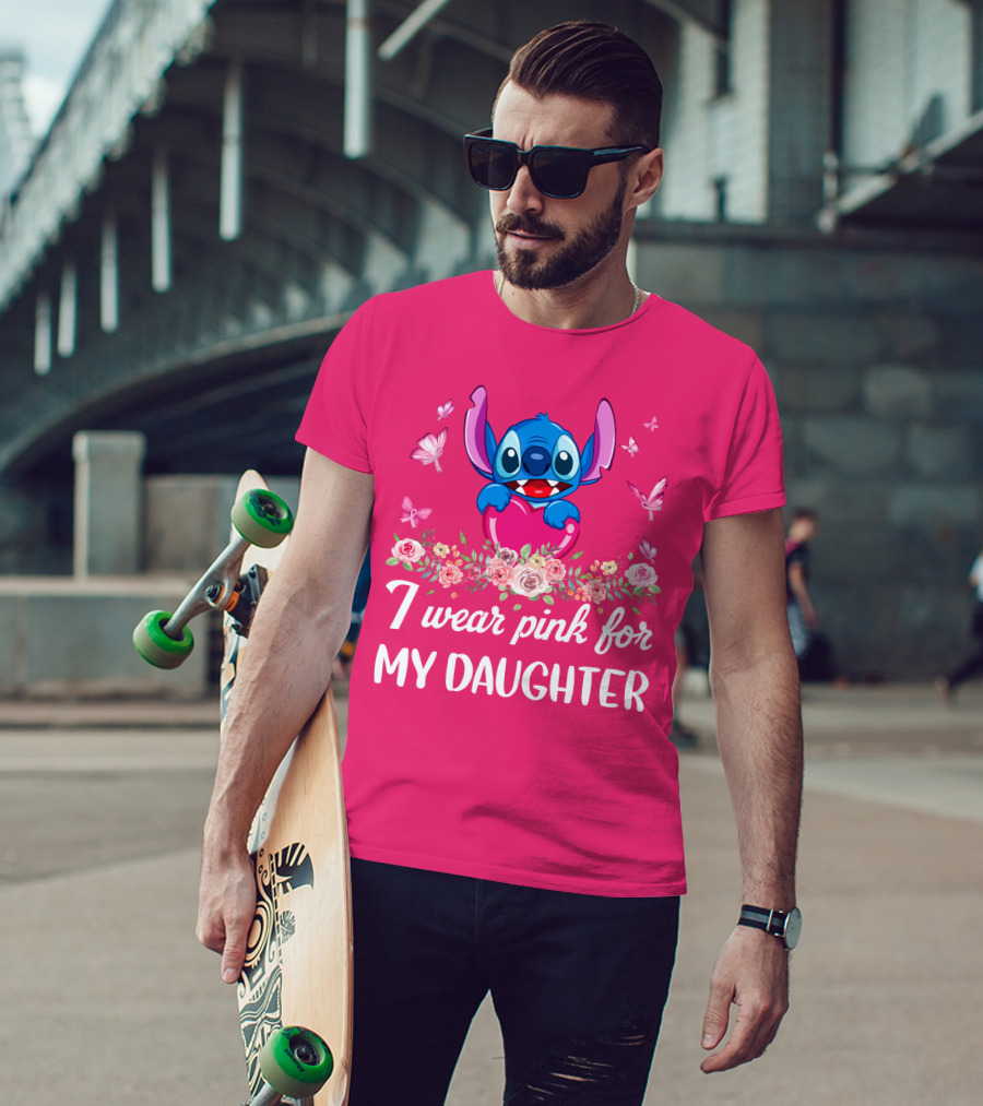I Wear Pink For My Daughter Stitch Butterfly Roses T-Shirt