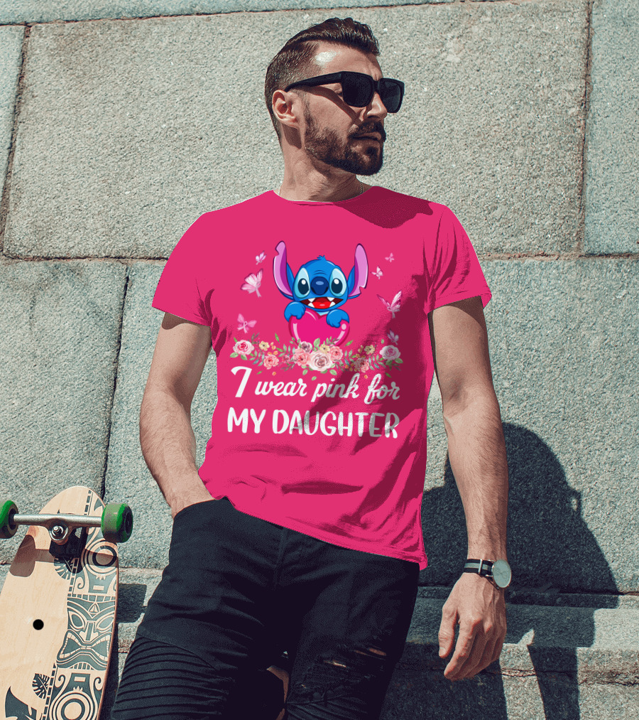 I Wear Pink For My Daughter Stitch Butterfly Roses T-Shirt