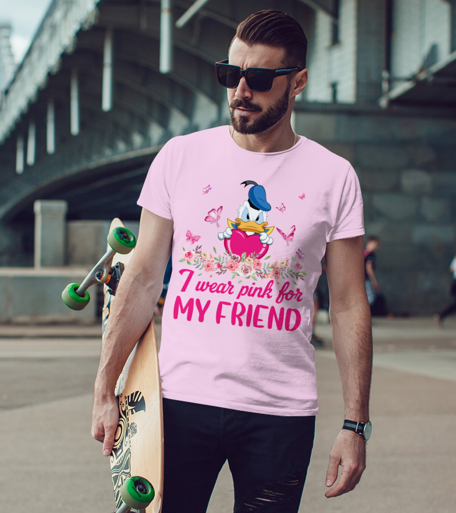 I Wear Pink For My Friend Donald Duck Tulips Butterflies T-Shirt