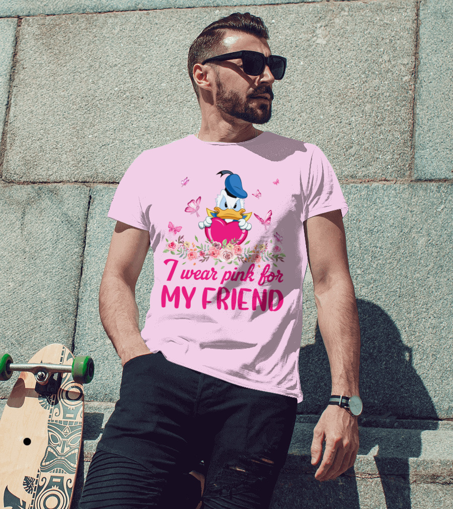 I Wear Pink For My Friend Donald Duck Tulips Butterflies T-Shirt
