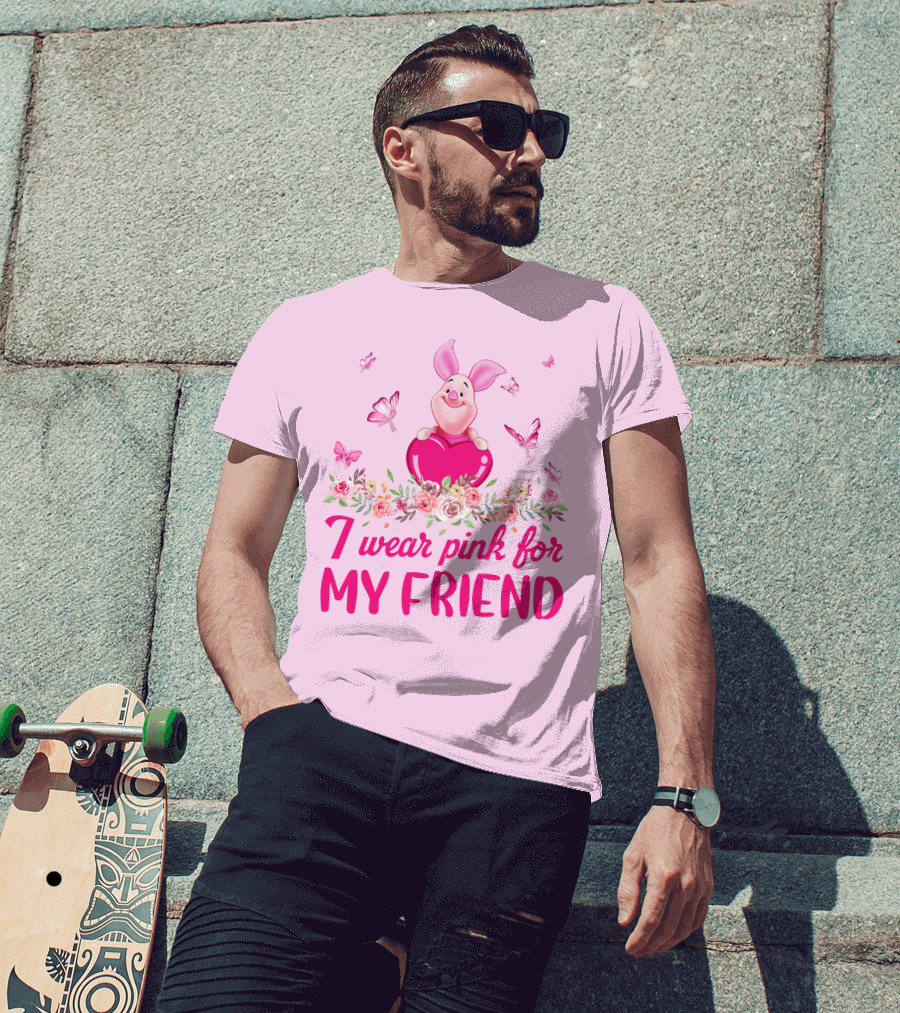 I Wear Pink For My Friend Piglet Floral Butterflies T-Shirt