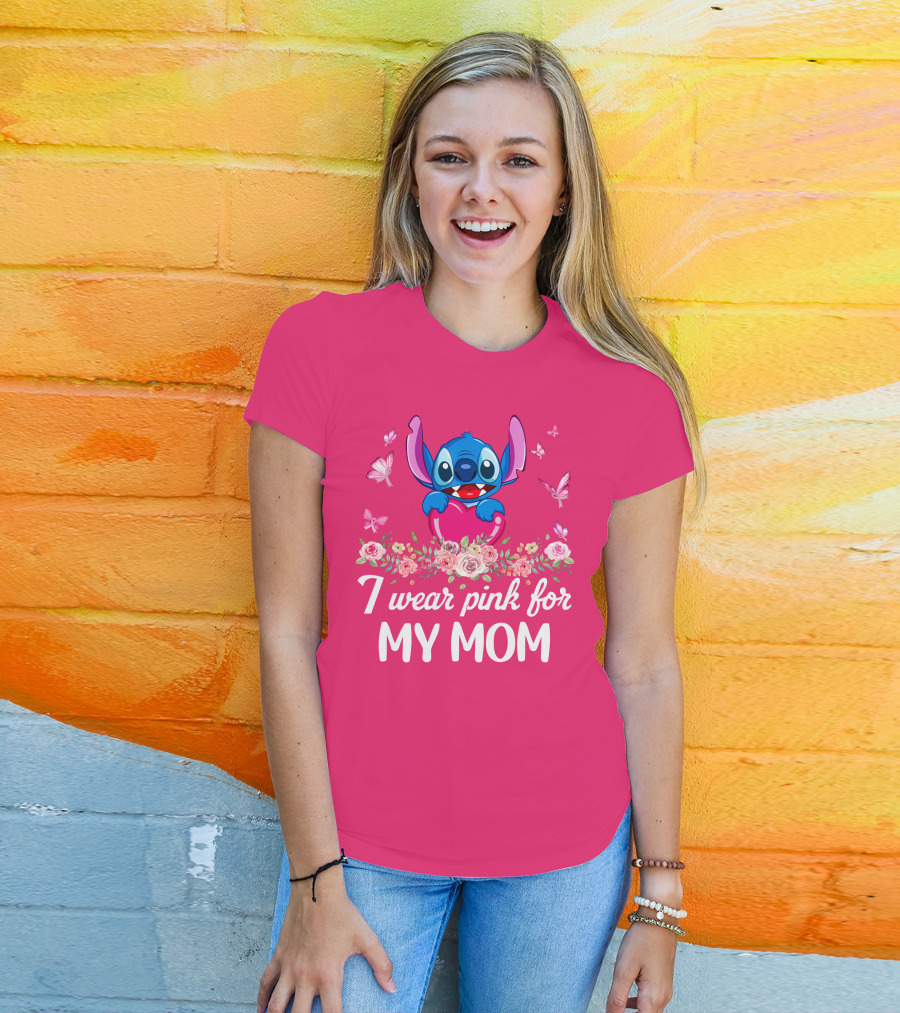 I Wear Pink For My Mom Stitch Floral Butterflies T-Shirt
