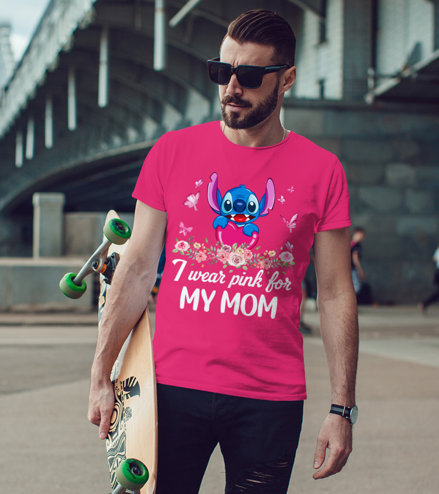 I Wear Pink For My Mom Stitch Floral Butterflies T-Shirt