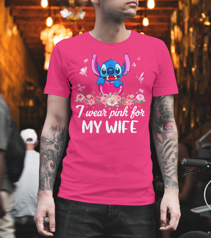 Stitch I Wear Pink For My Wife Butterfly And Floral T-Shirt