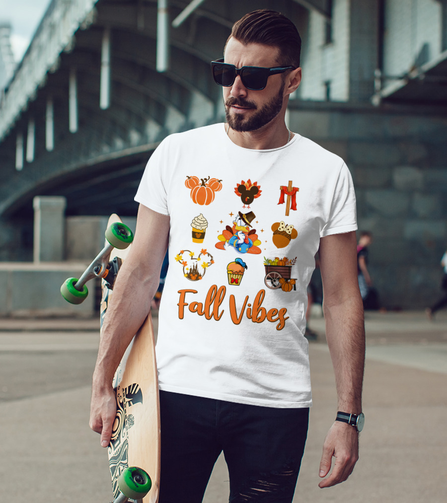Fall Vibes Donald Thanksgiving Decorations Pumpkin Mickey Mouse Cupcake T-Shirt
