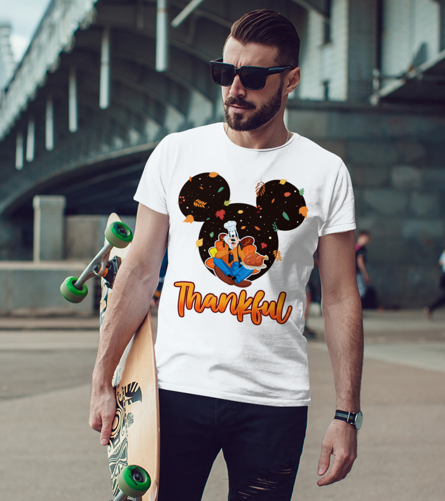Thankful Goofy Chef With Turkey And Autumn Leaves Mickey Ears T-Shirt