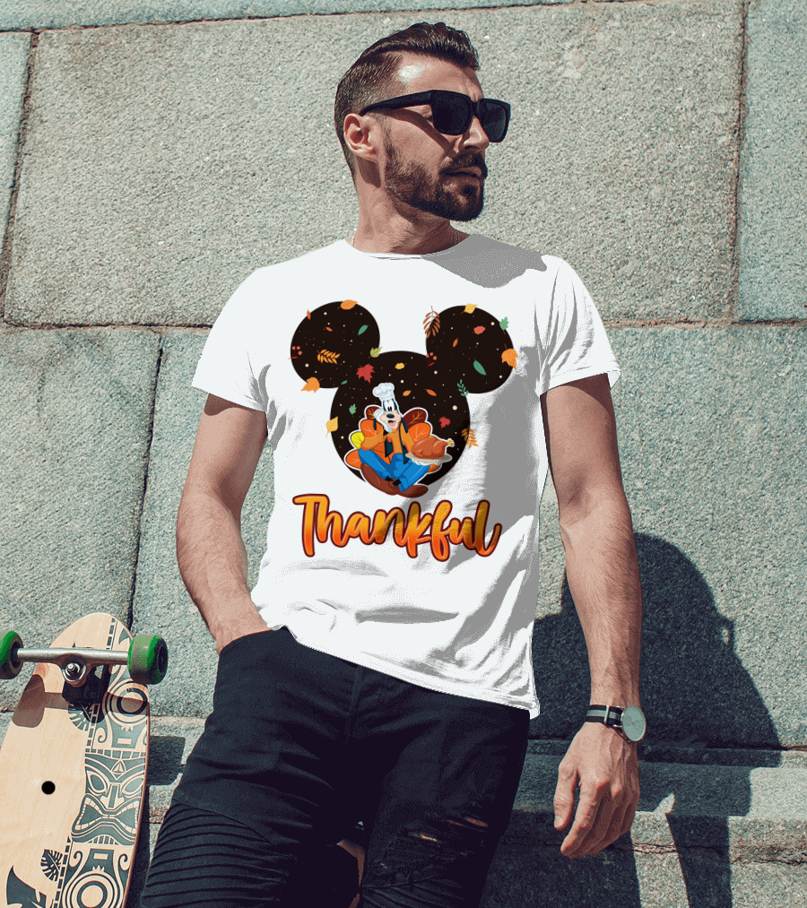 Thankful Goofy Chef With Turkey And Autumn Leaves Mickey Ears T-Shirt