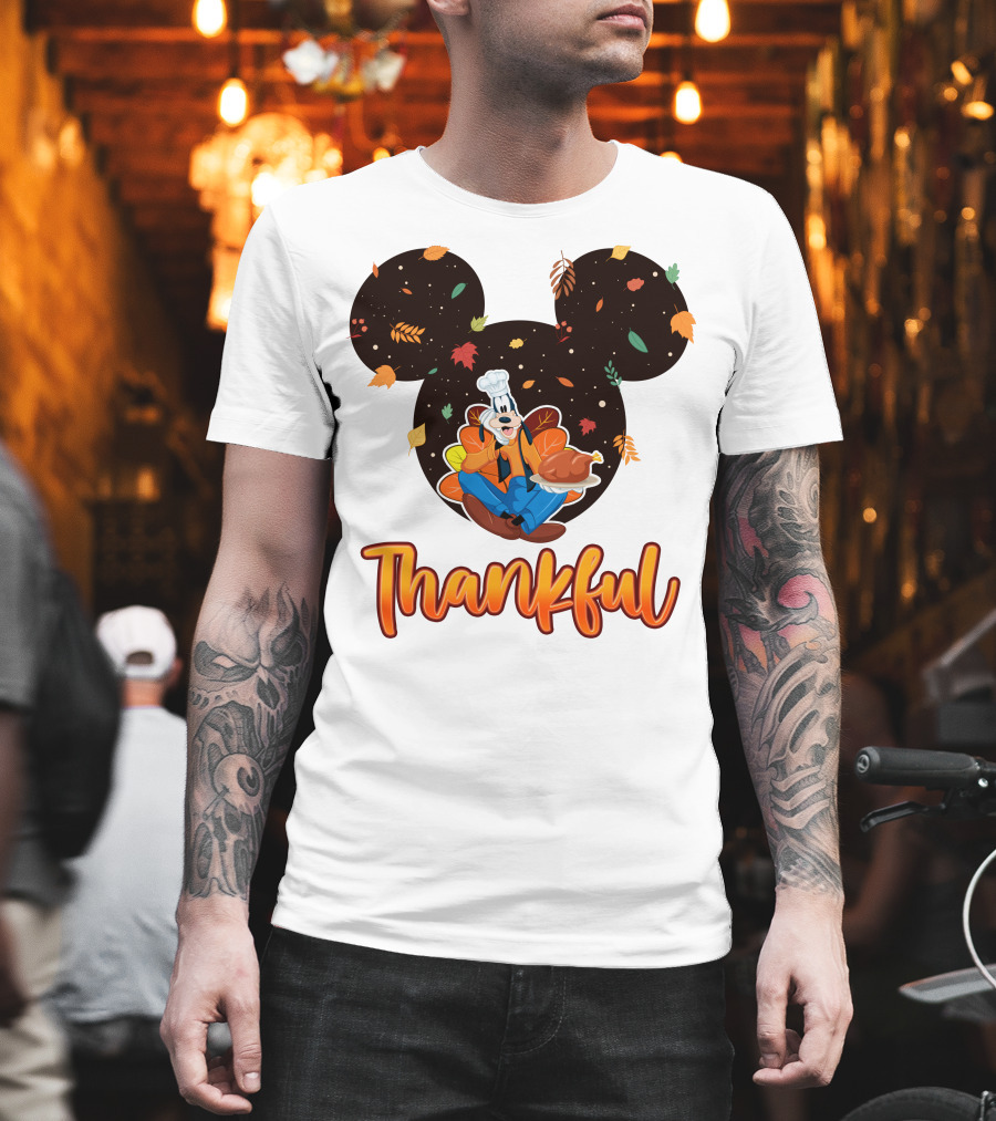 Thankful Goofy Chef With Turkey And Autumn Leaves Mickey Ears T-Shirt