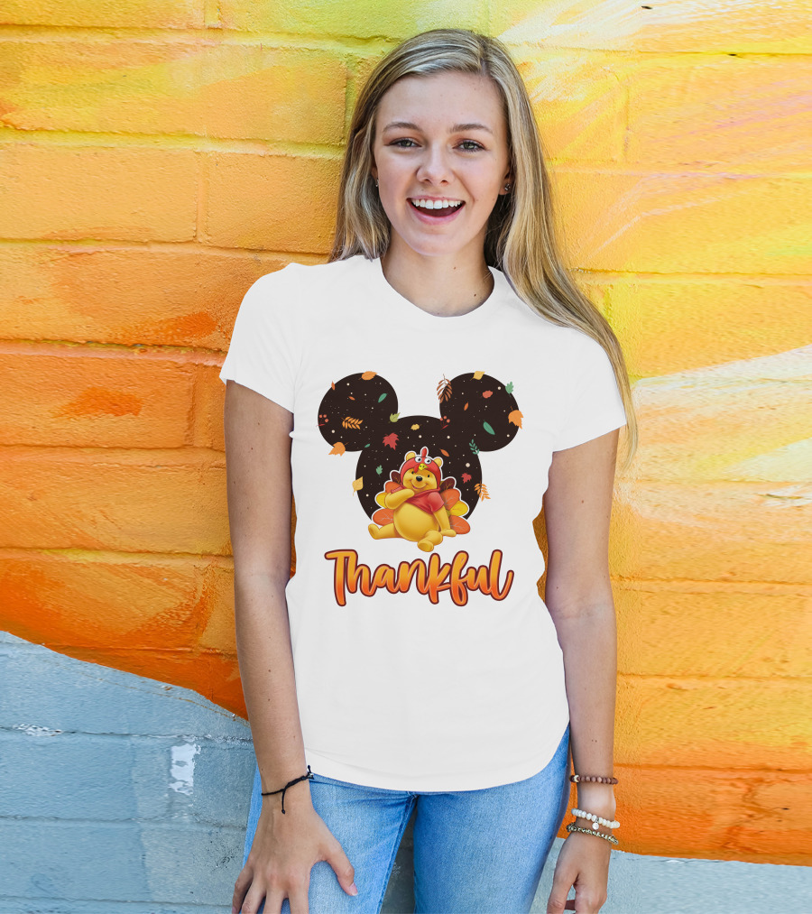 Thankful Pooh Turkey Costume Mickey Ears Leaves T-Shirt
