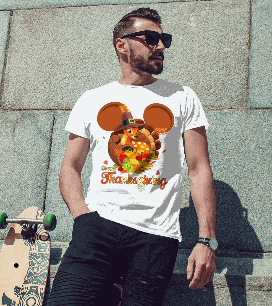 Happy Thanksgiving Bambi In Pilgrim Hat With Cornucopia And Mickey Ears T-Shirt