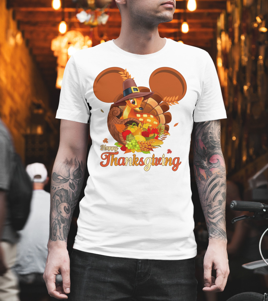 Happy Thanksgiving Bambi In Pilgrim Hat With Cornucopia And Mickey Ears T-Shirt