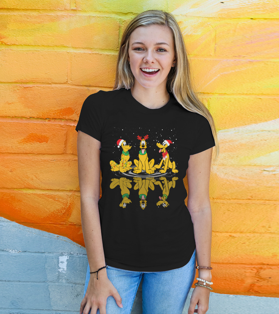 Pluto Christmas Reflections With Santa Hats And Antlers T-Shirt