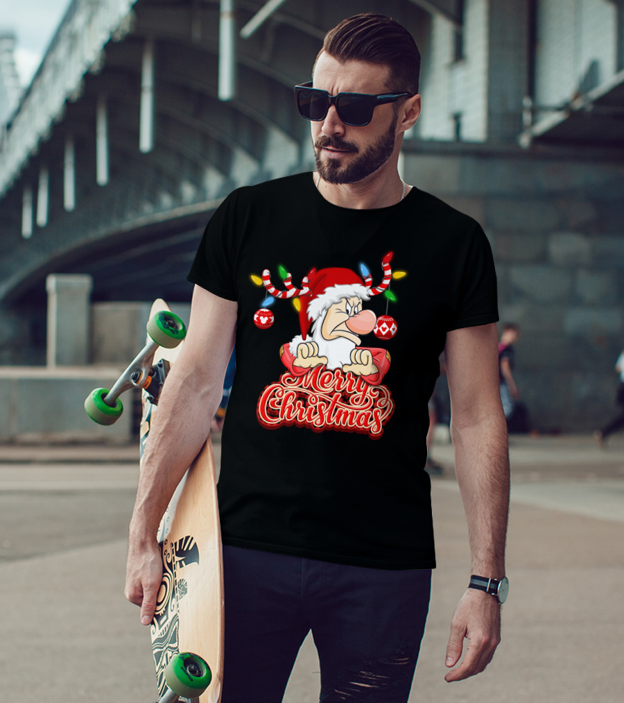 Grumpy Merry Christmas Santa With Reindeer Antlers And Festive Ornaments T-Shirt