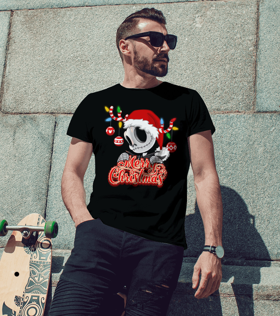 Merry Christmas Santa Jack Skellington With Candy Cane Lights And Ornaments T-Shirt