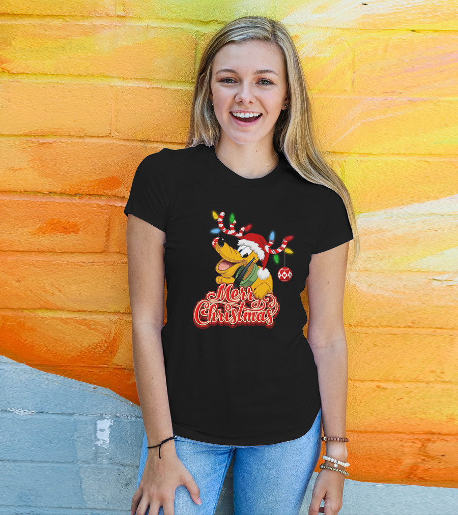 Merry Christmas Pluto Holiday Antlers And Santa Hat T-Shirt