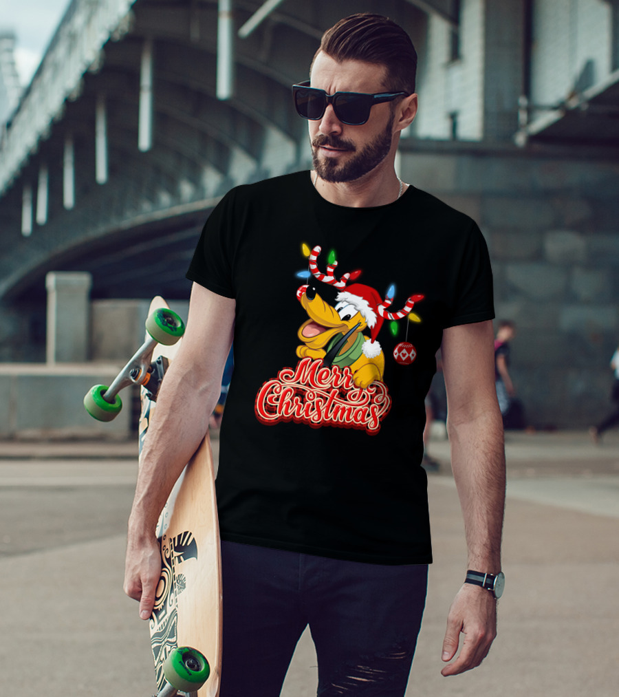 Merry Christmas Pluto Holiday Antlers And Santa Hat T-Shirt