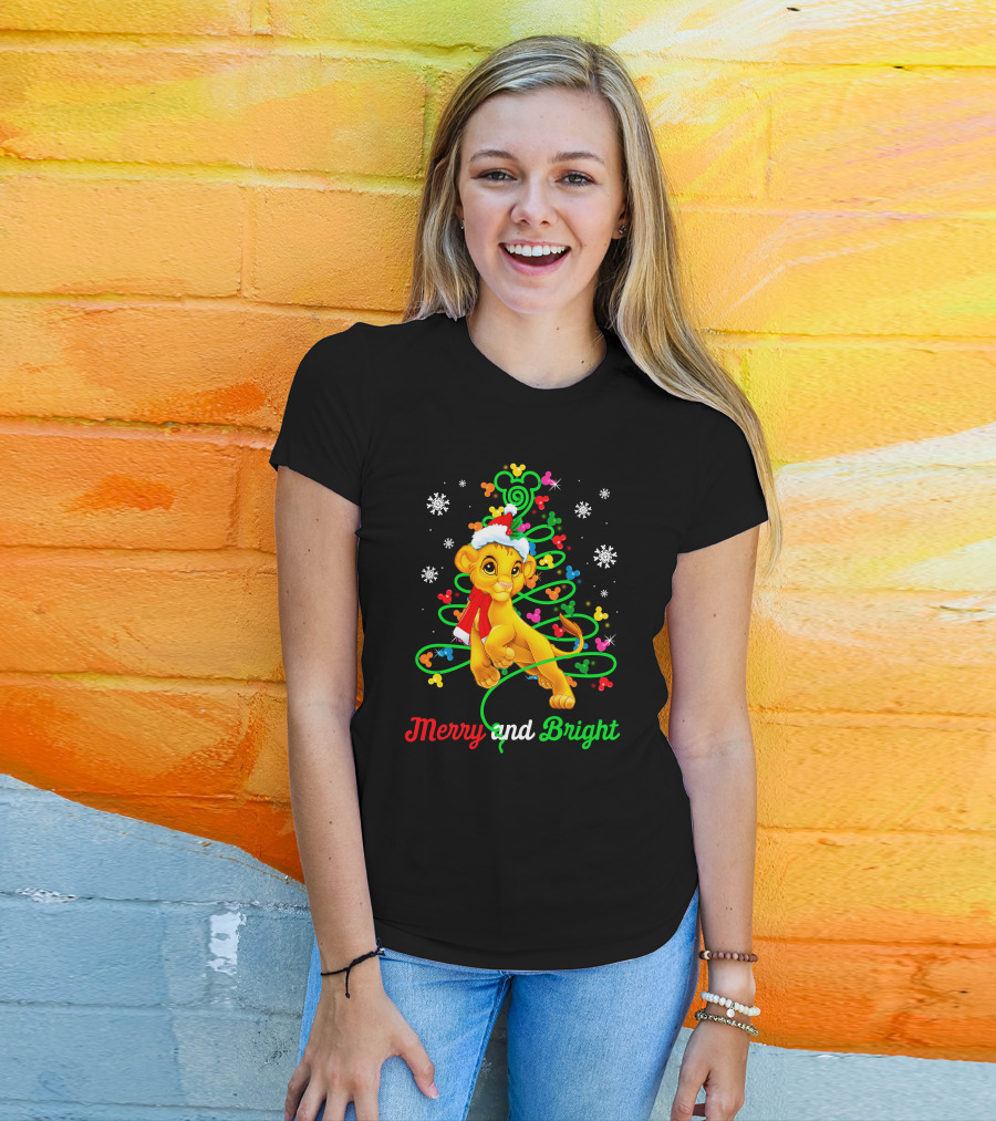 Merry And Bright Simba Christmas Snowflakes Santa Hat T-Shirt