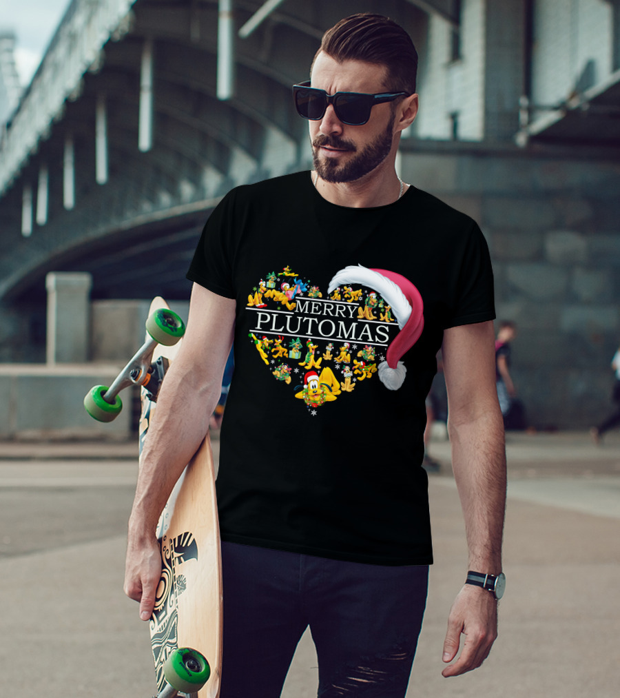 Merry Plutomas Heart With Santa Hat And Festive Pluto Characters T-Shirt