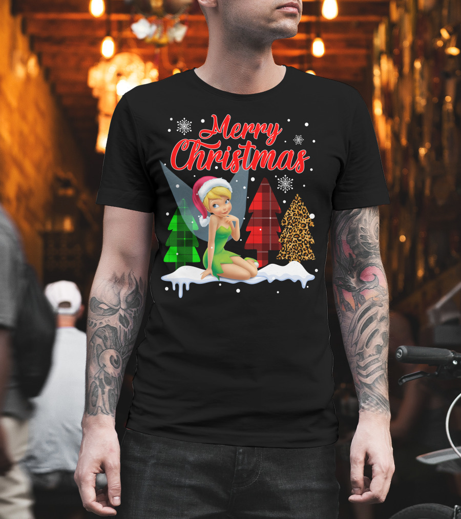 Merry Christmas Tinkerbell Santa Hat Plaid And Leopard Trees Snowflakes T-Shirt