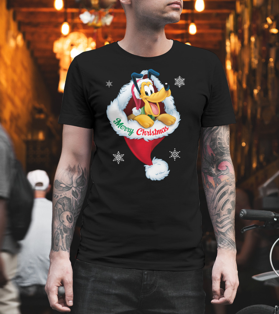 Merry Christmas Pluto Santa Hat Snowflakes T-Shirt