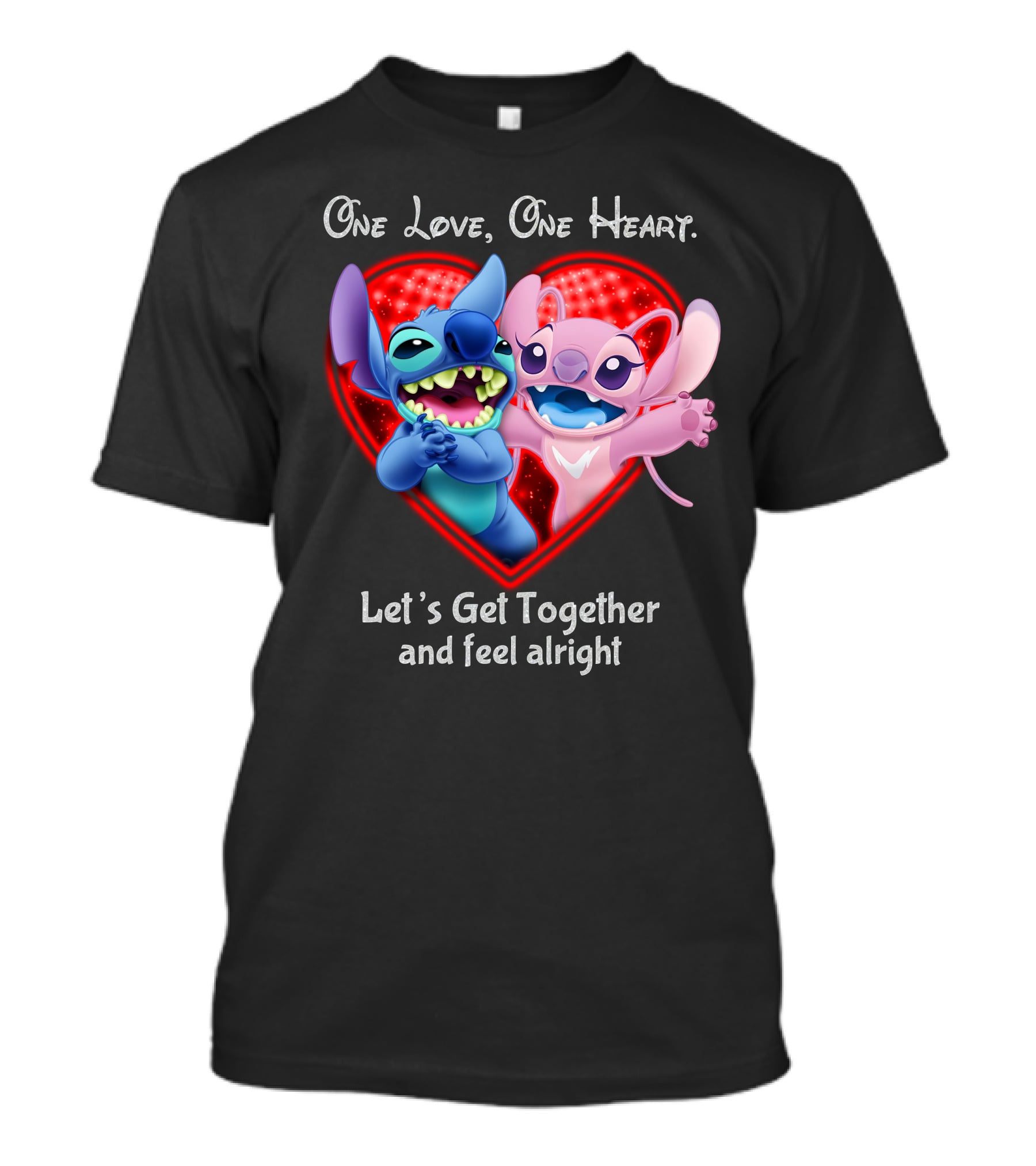 One Love One Heart Let's Get Together And Feel Alright Stitch & Angel Love T-Shirt