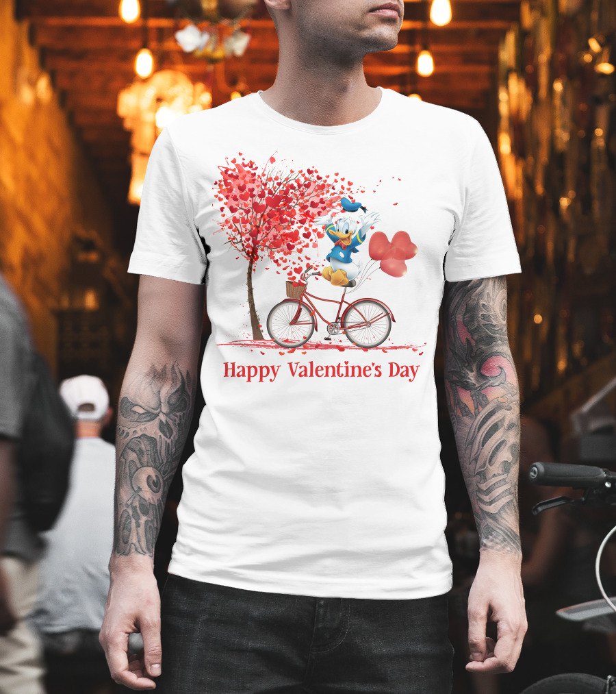 DN Valentine Happy Valentine's Day Donald Duck Bicycle Balloon Tree T-Shirt