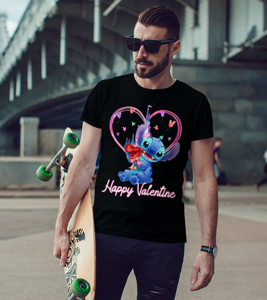 Happy Valentine Stitch Holding Heart With Castle And Balloons T-Shirt
