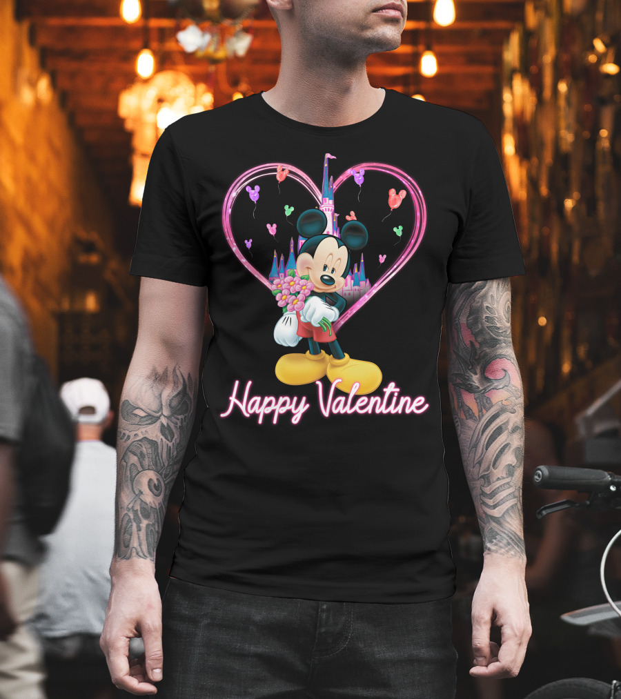 Happy Valentine Mickey Mouse Bouquet And Castle Balloons T-Shirt