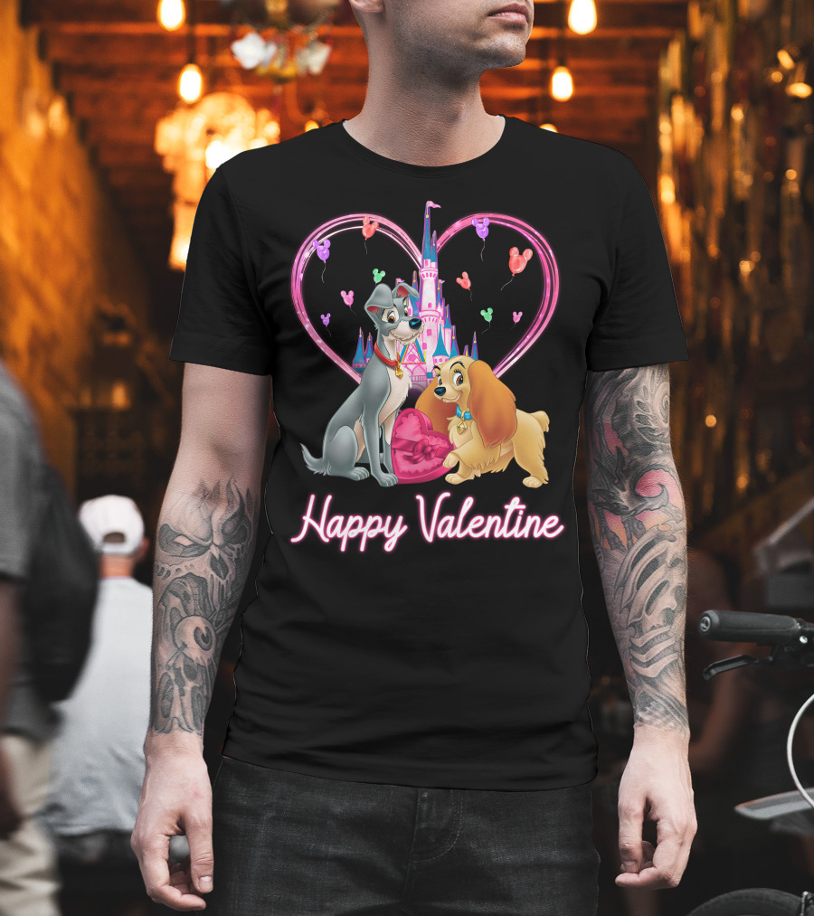 Happy Valentine Lady & The Tramp Heart Castle Balloons T-Shirt