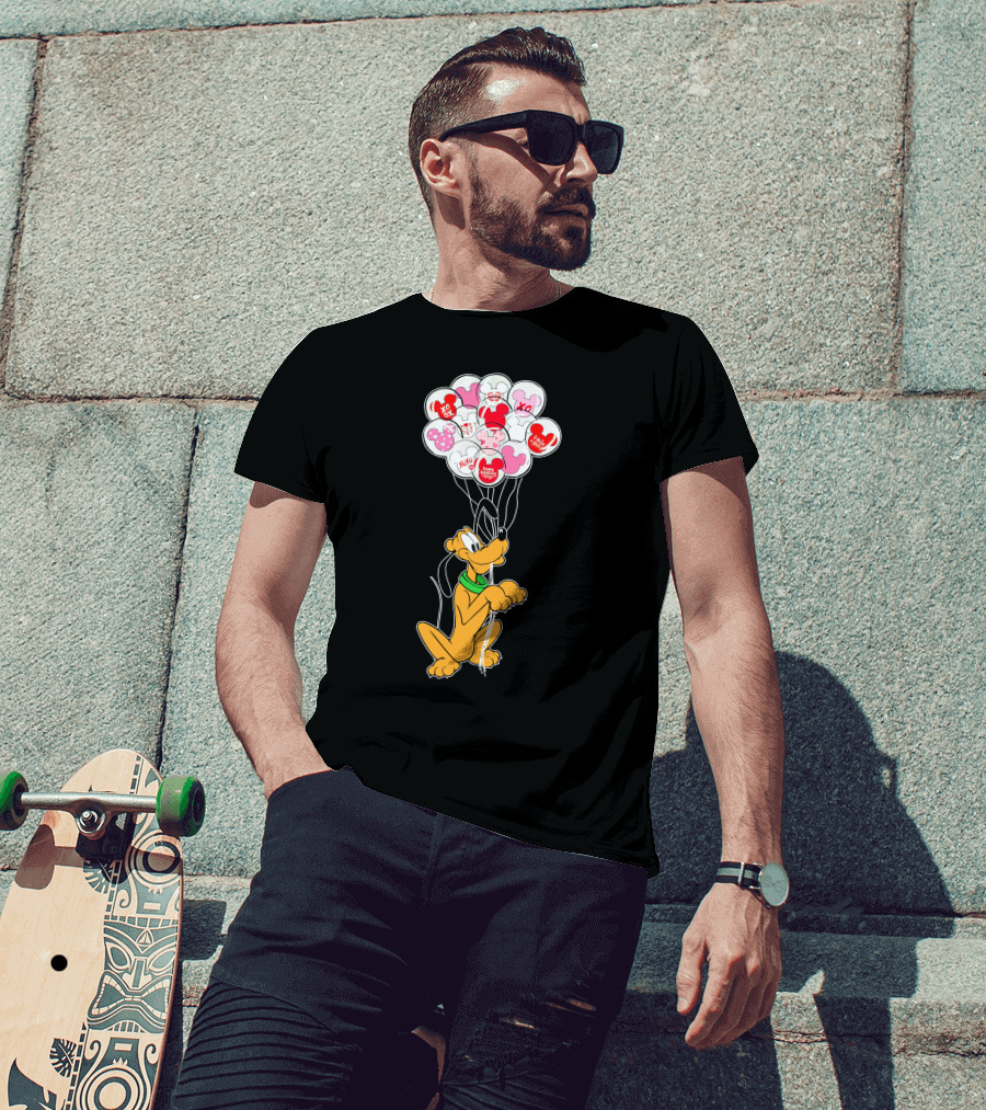Pluto Holding Mickey And Minnie Balloons With Hearts And Xo Patterns T-Shirt