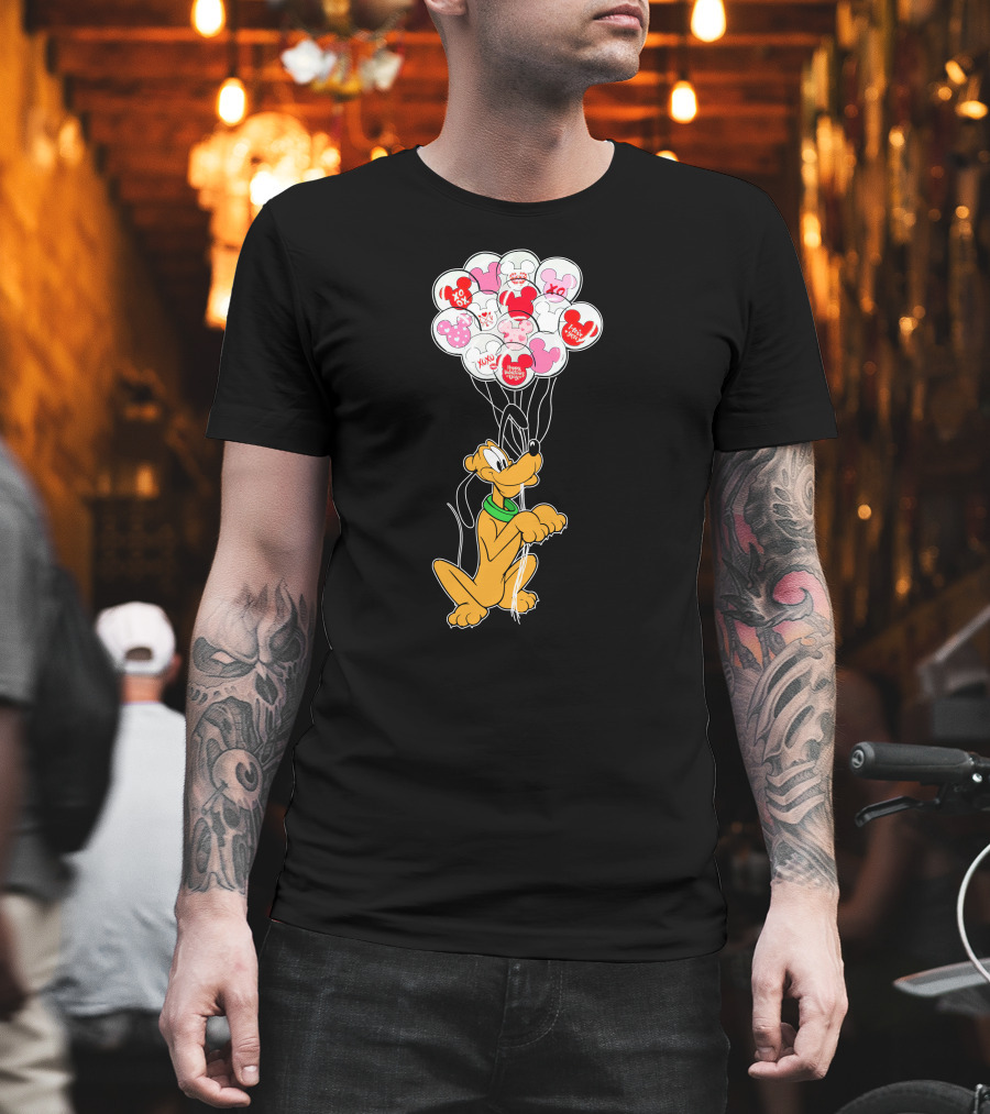 Pluto Holding Mickey And Minnie Balloons With Hearts And Xo Patterns T-Shirt