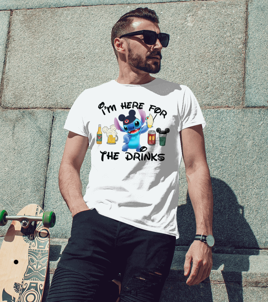 I'm Here For The Drinks Disney Stitch Hat Beer Cocktails T-Shirt