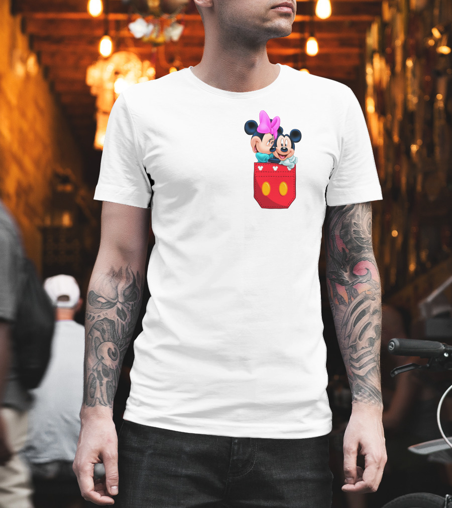 Mickey Mouse And Minnie Mouse In Red Pocket With Hearts And Bow T-Shirt